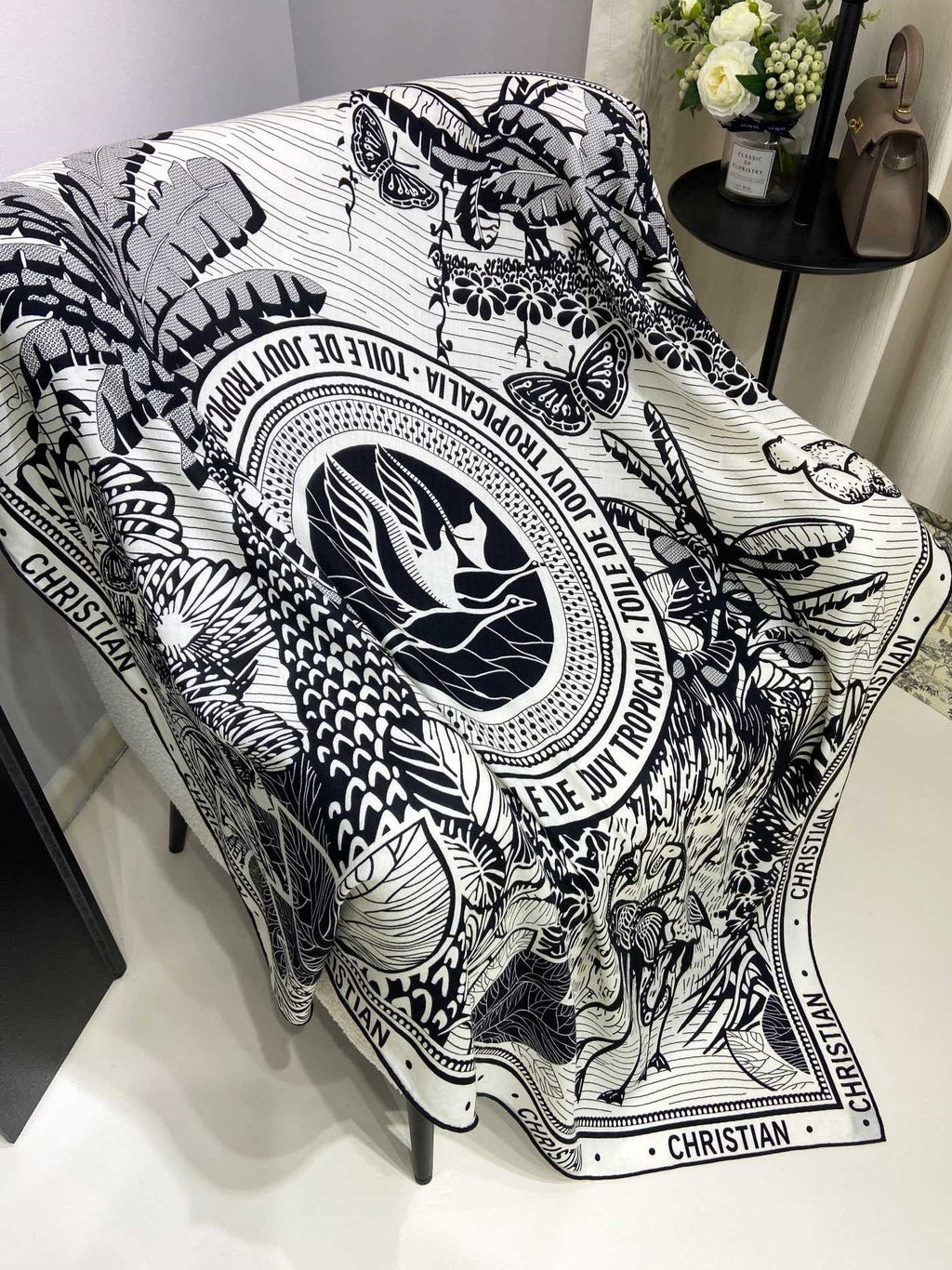 DIOR SQUARE SCARF 140 CM IN BLACK MIX WHITE MONOGRAM WOOL AND SILK 415111