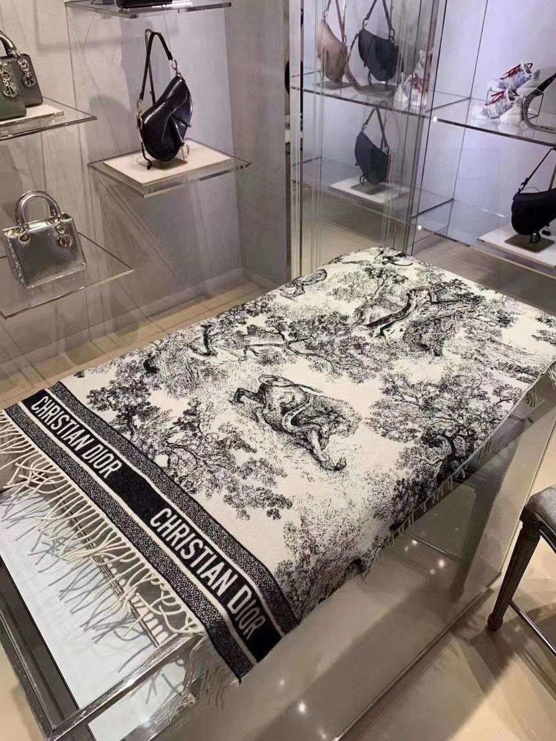 DIOR SQUARE SCARF 140 CM IN BLACK MIX WHITE MONOGRAM CASHMERE AND WOOL 416918