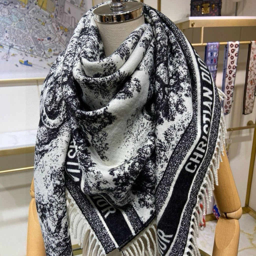 DIOR SQUARE SCARF 140 CM IN BLACK MIX WHITE MONOGRAM CASHMERE AND WOOL 416918