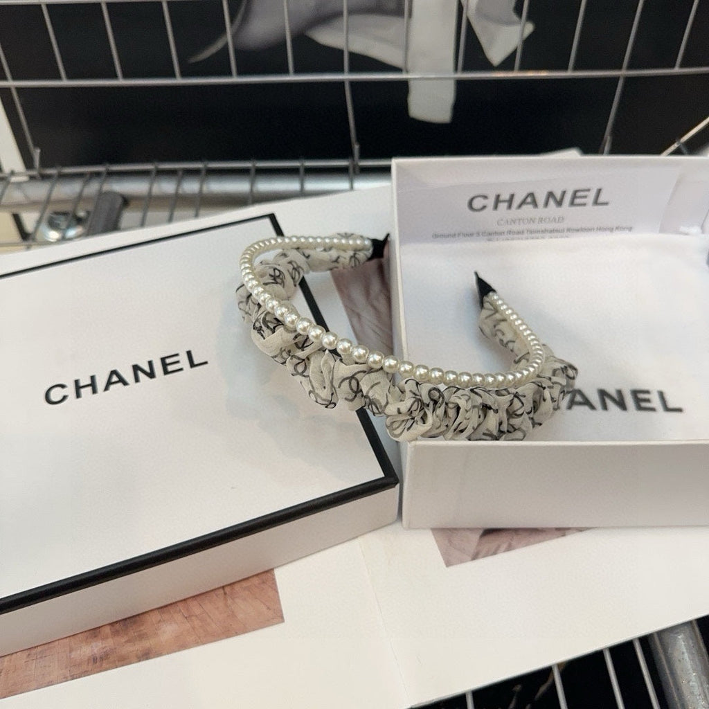 CHANEL COLORFUL VOILE FABRIC WITH PEARL CHAIN HAIRBAND 410874