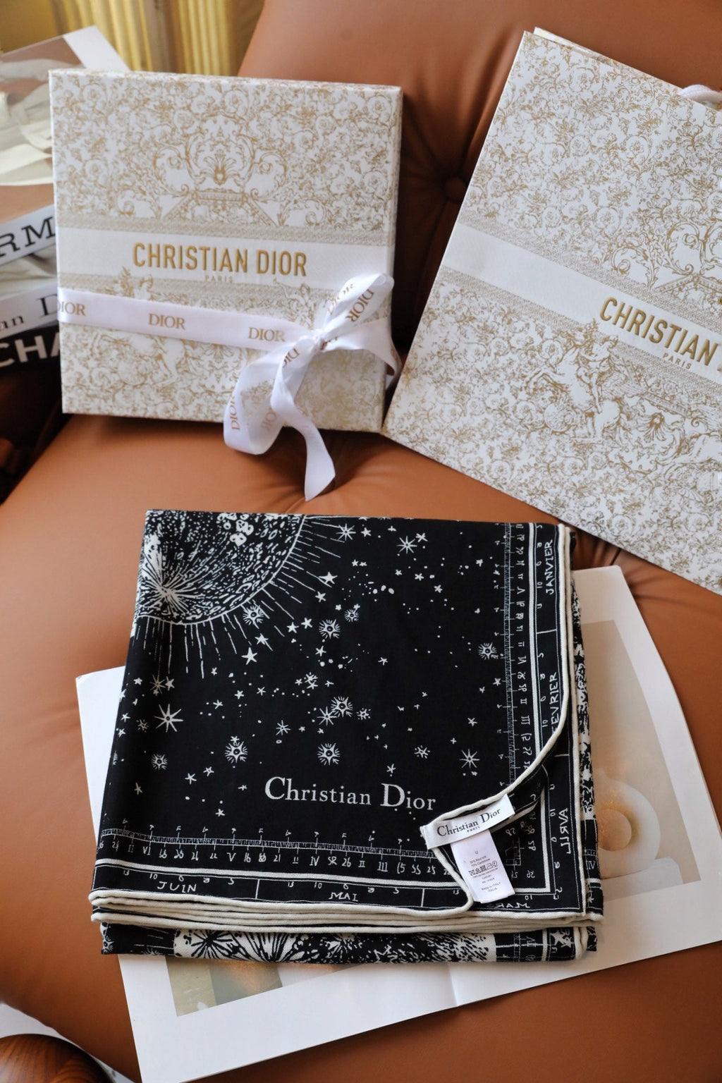 DIOR SQUARE SCARF 140 CM IN BLACK MIX WHITE MONOGRAM SILK 393136
