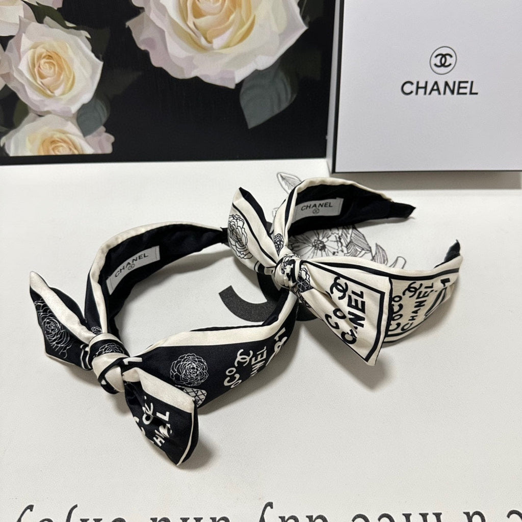 CHANEL WHITE MIX BLACK SILK HEADBAND 168589