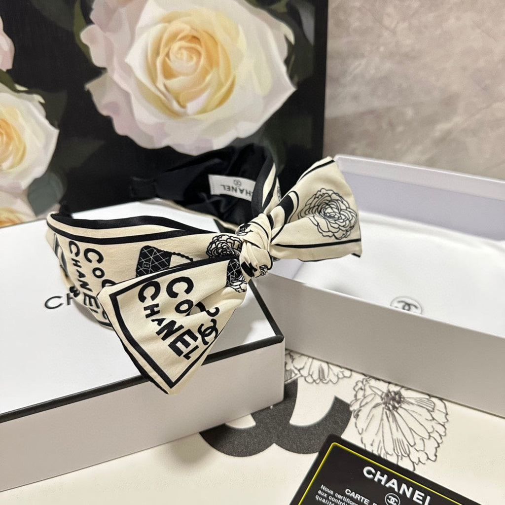CHANEL WHITE MIX BLACK SILK HEADBAND 168589