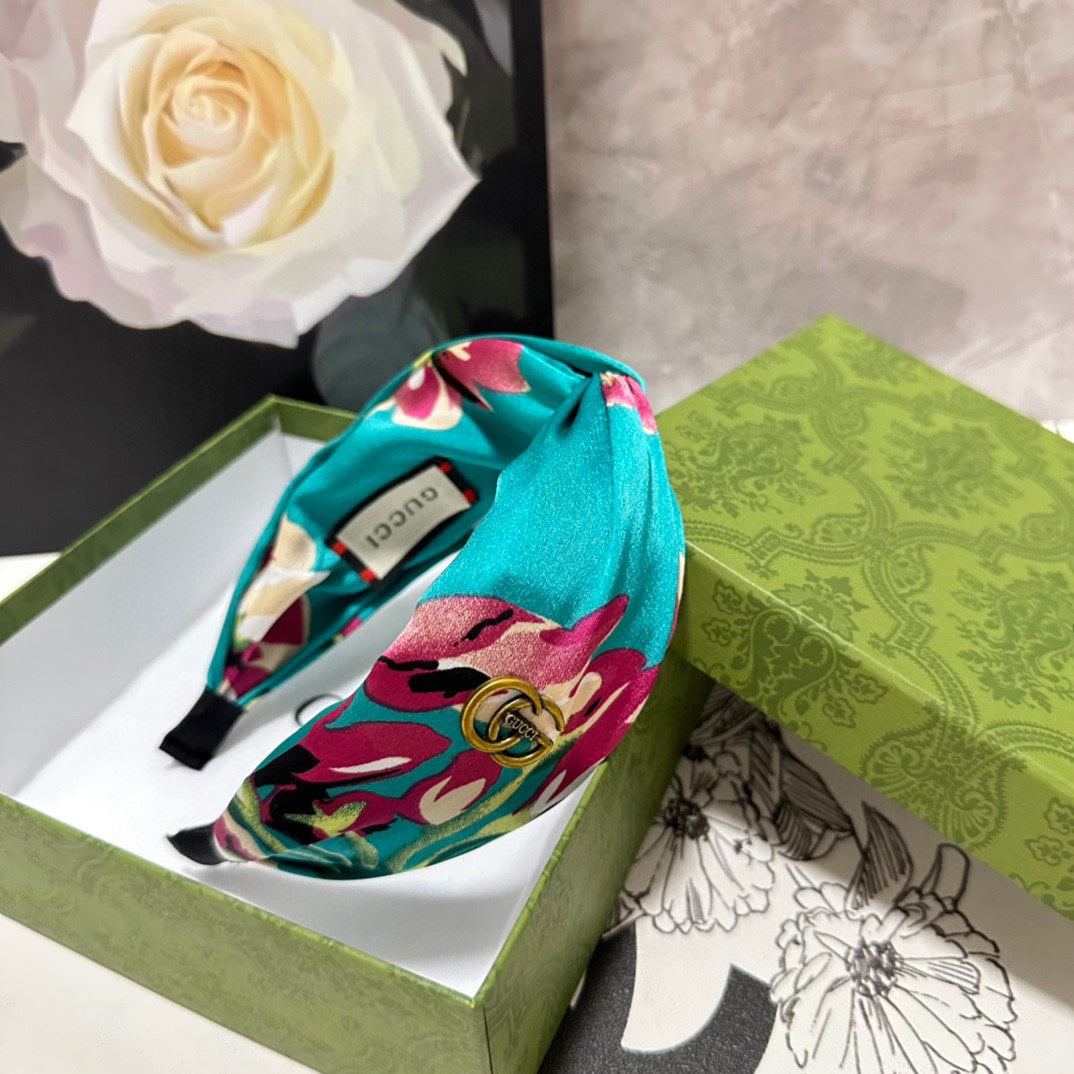 GUCCI HAIRBAND IN TURQUOISE GREEN FLORAL SILK 252676