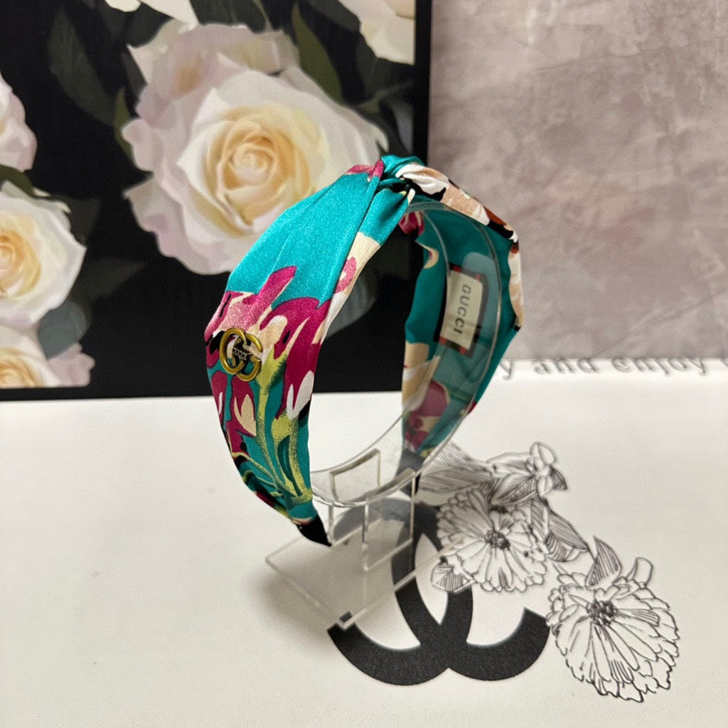 GUCCI HAIRBAND IN TURQUOISE GREEN FLORAL SILK 252676