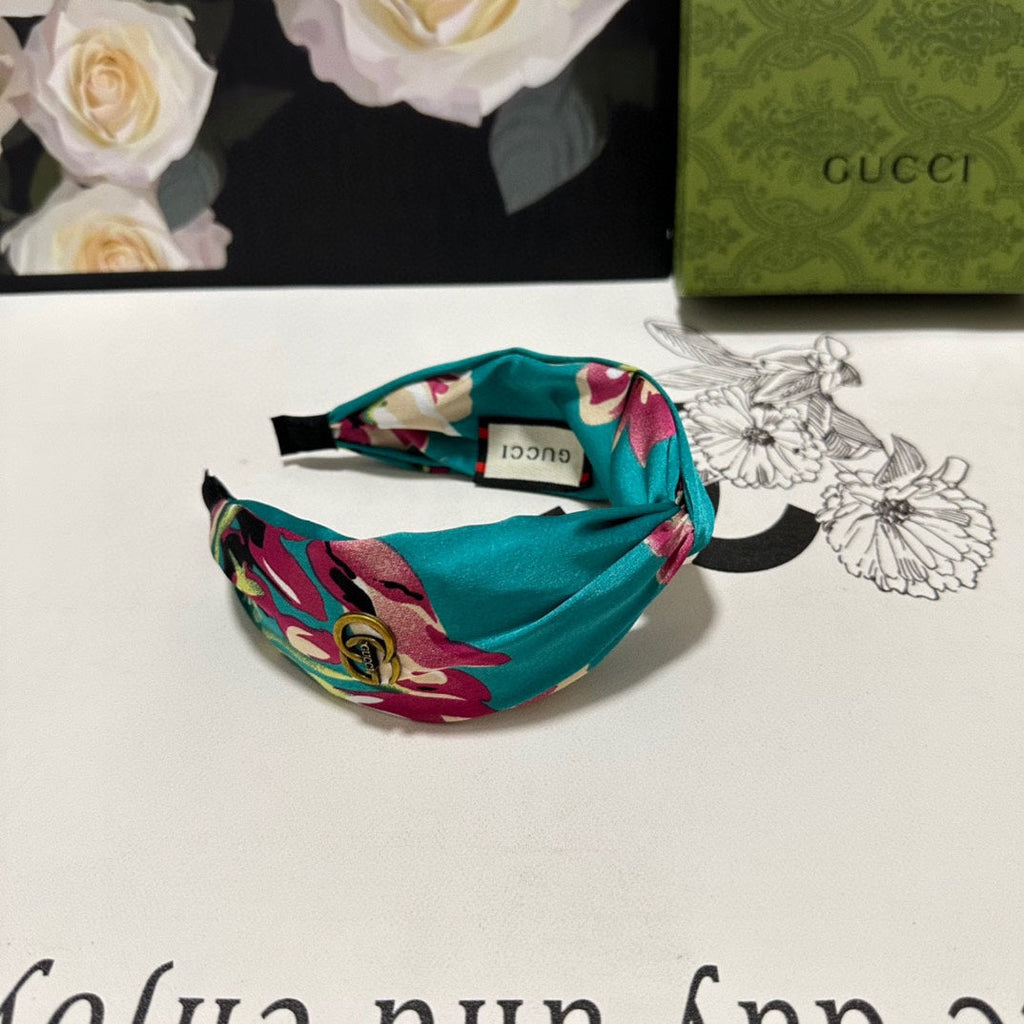 GUCCI HAIRBAND IN TURQUOISE GREEN FLORAL SILK 252676