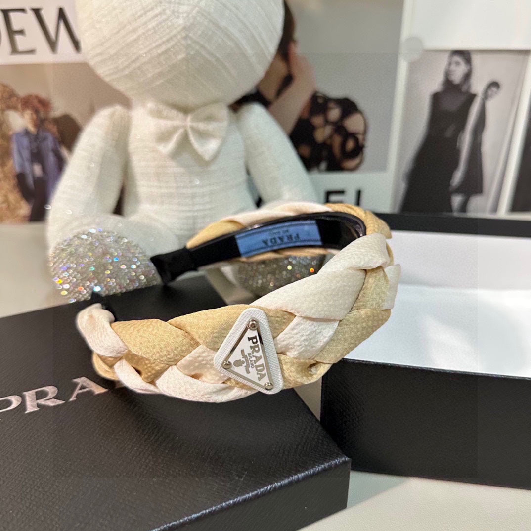 PRADA BRAIDED HEADBAND IN WHITE AND BEIGE FABRIC 316686
