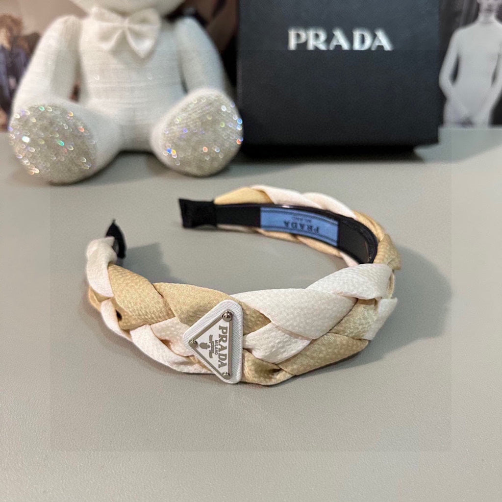 PRADA BRAIDED HEADBAND IN WHITE AND BEIGE FABRIC 316686