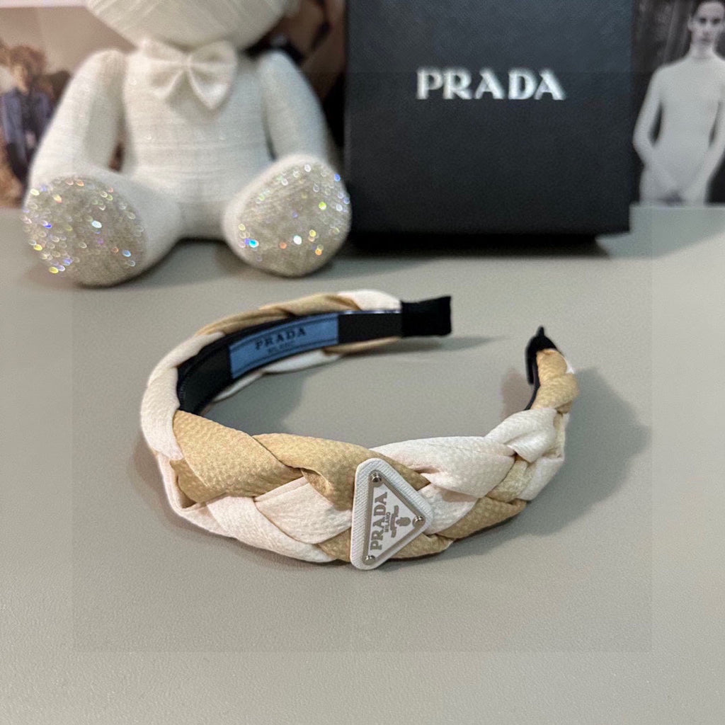 PRADA BRAIDED HEADBAND IN WHITE AND BEIGE FABRIC 316686