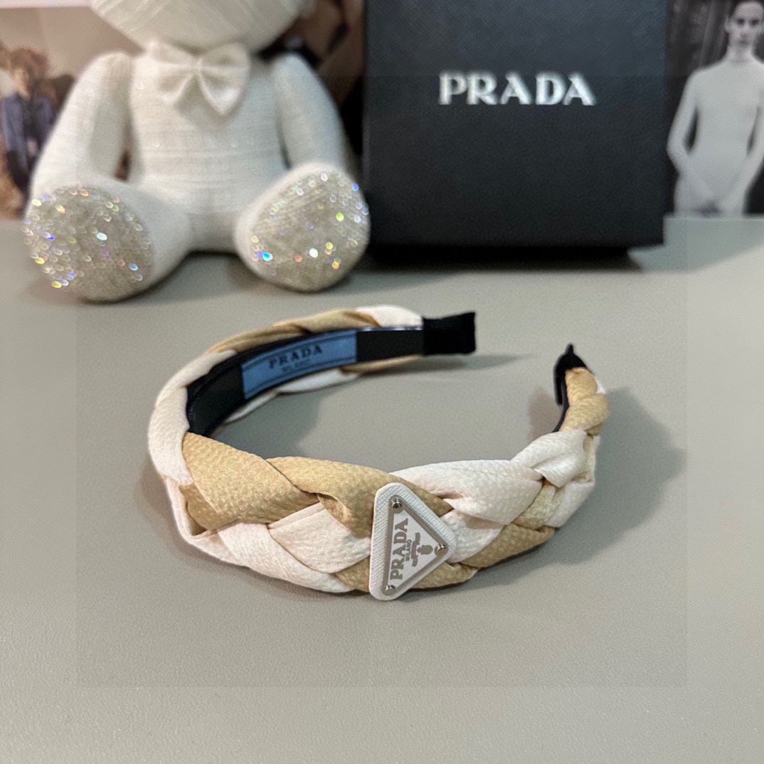 PRADA BRAIDED HEADBAND IN WHITE AND BEIGE FABRIC 316686