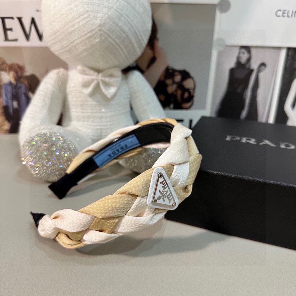 PRADA BRAIDED HEADBAND IN WHITE AND BEIGE FABRIC 316686