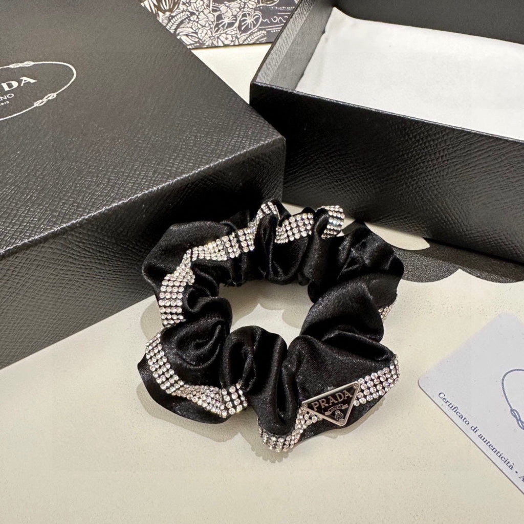 PRADA SCRUNCHIE IN BLACK VELVET WITH CRYSTAL CHAIN 369301