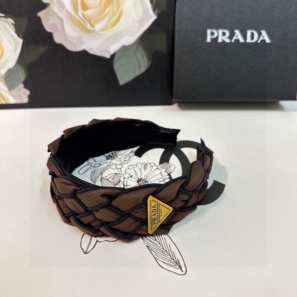 PRADA BRAIDED HEADBAND IN CHOCOLATE AND BLACK TRIM FABRIC 381459