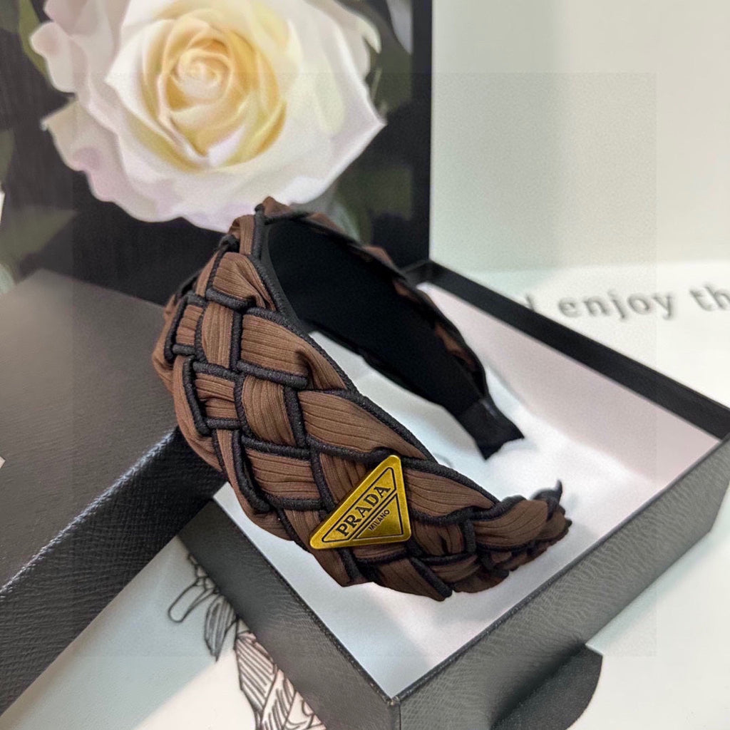 PRADA BRAIDED HEADBAND IN CHOCOLATE AND BLACK TRIM FABRIC 381459