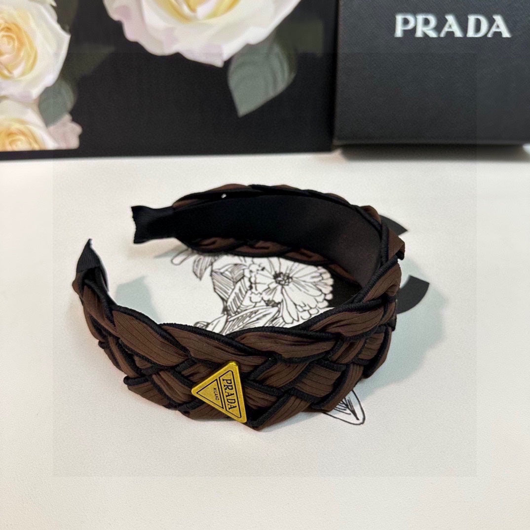 PRADA BRAIDED HEADBAND IN CHOCOLATE AND BLACK TRIM FABRIC 381459