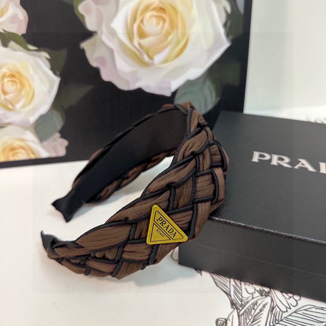 PRADA BRAIDED HEADBAND IN CHOCOLATE AND BLACK TRIM FABRIC 381459