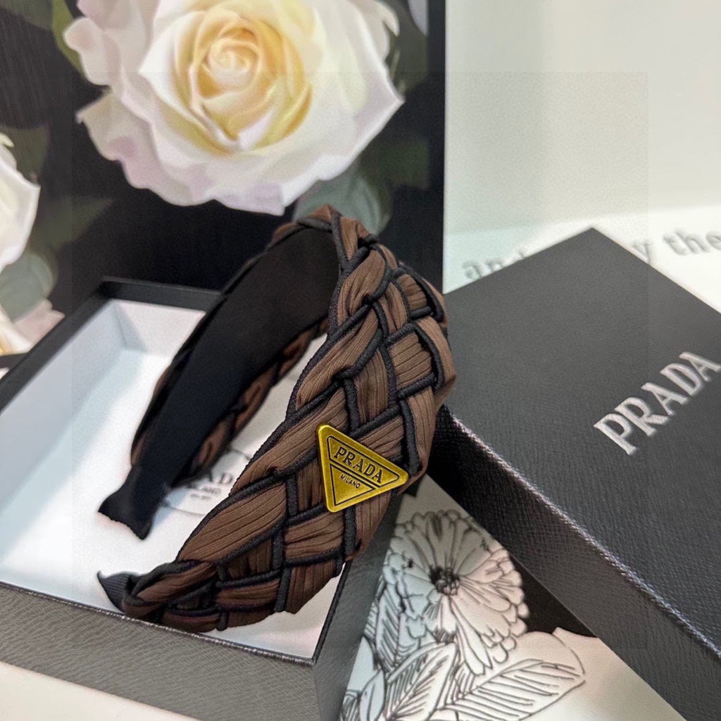 PRADA BRAIDED HEADBAND IN CHOCOLATE AND BLACK TRIM FABRIC 381459