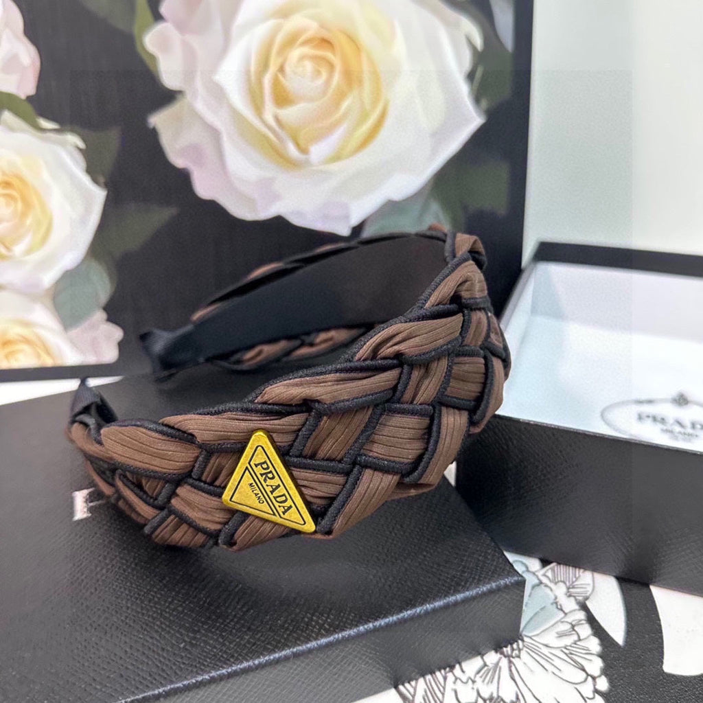 PRADA BRAIDED HEADBAND IN CHOCOLATE AND BLACK TRIM FABRIC 381459