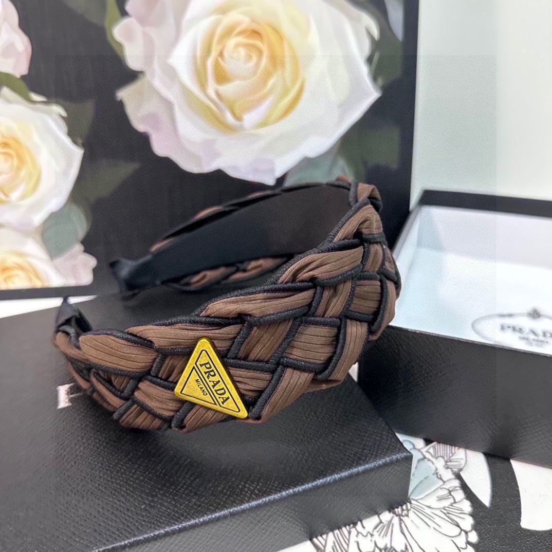 PRADA BRAIDED HEADBAND IN CHOCOLATE AND BLACK TRIM FABRIC 381459