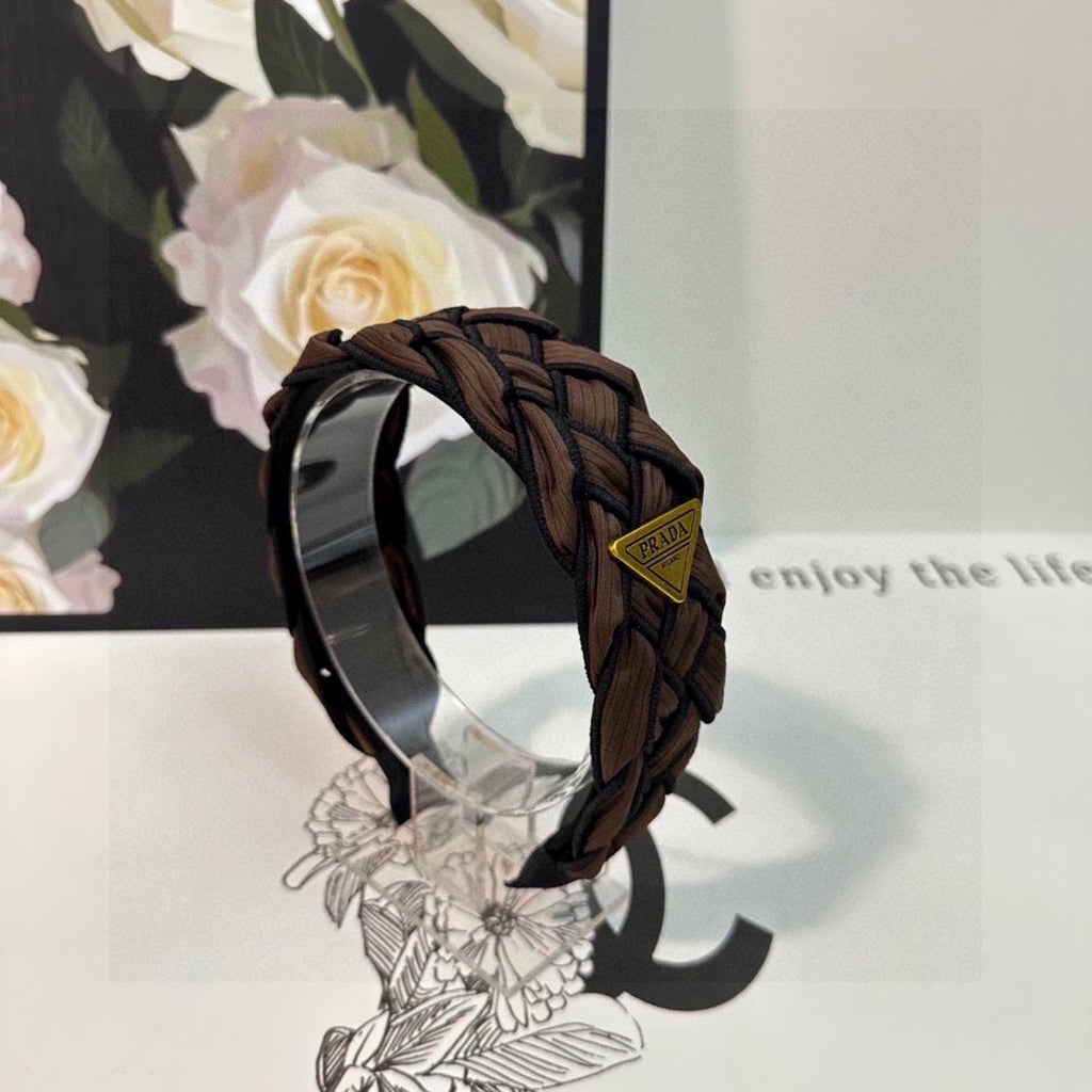 PRADA BRAIDED HEADBAND IN CHOCOLATE AND BLACK TRIM FABRIC 381459