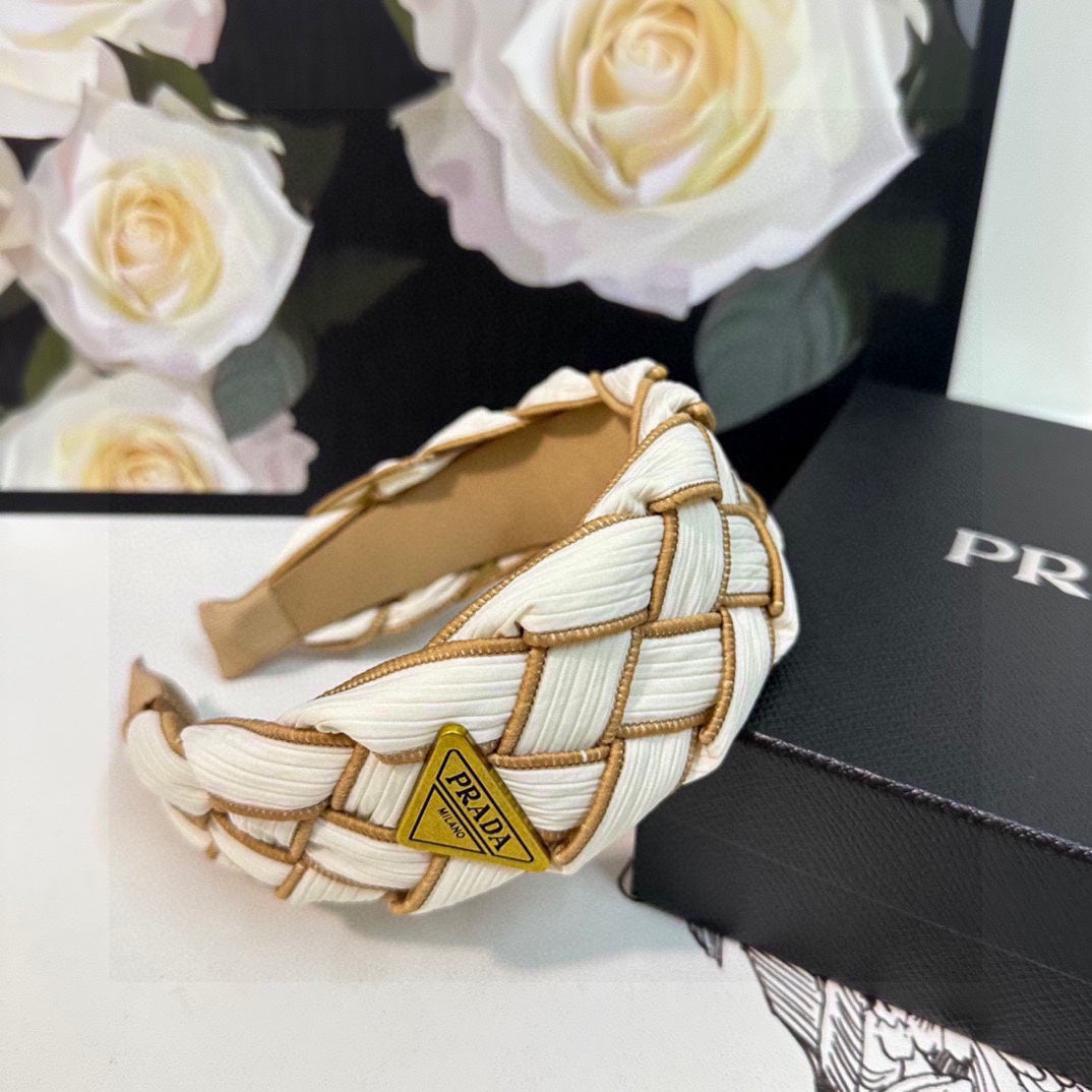 PRADA BRAIDED HEADBAND IN WHITE AND CIDER BROWN TRIM FABRIC 381460