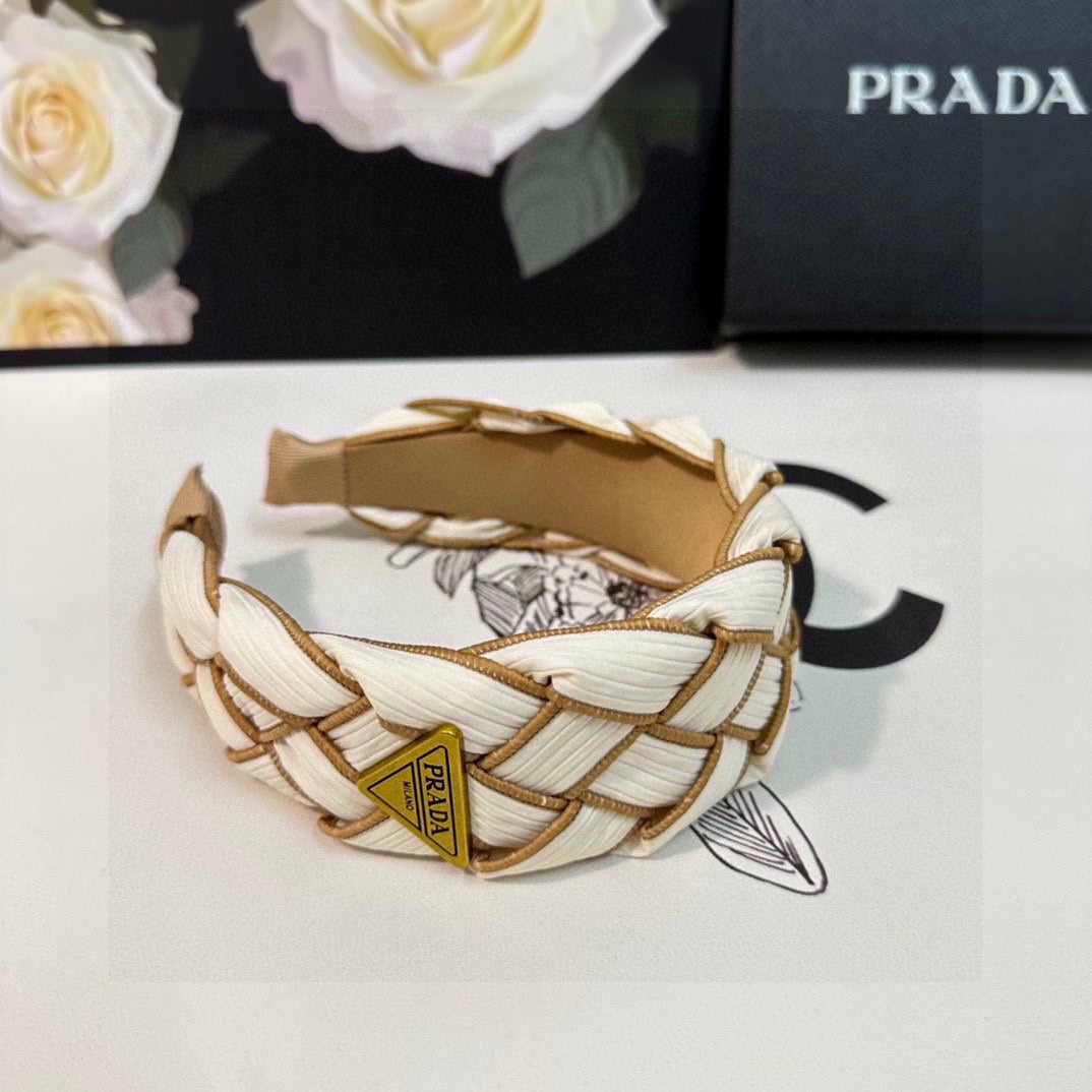 PRADA BRAIDED HEADBAND IN WHITE AND CIDER BROWN TRIM FABRIC 381460