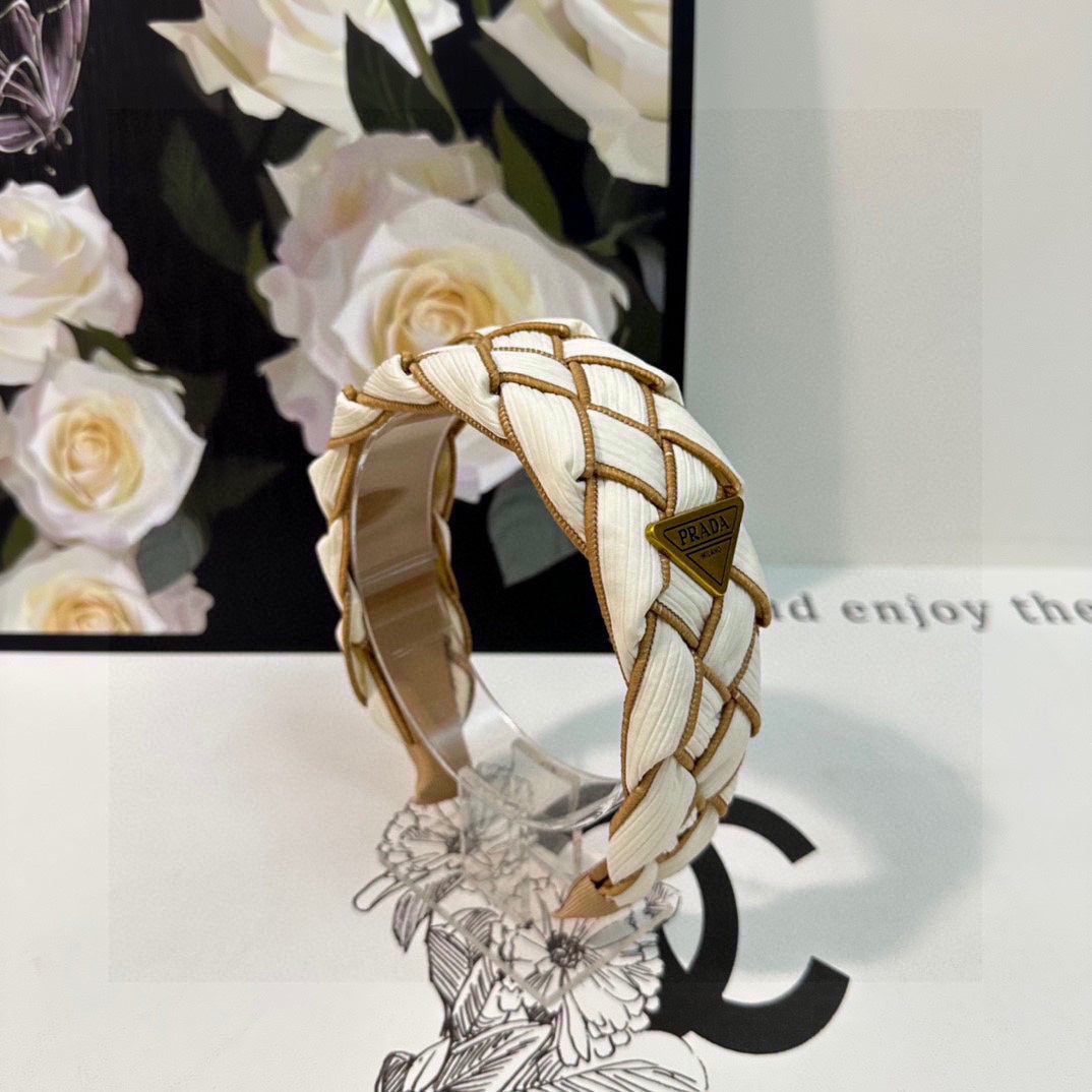 PRADA BRAIDED HEADBAND IN WHITE AND CIDER BROWN TRIM FABRIC 381460