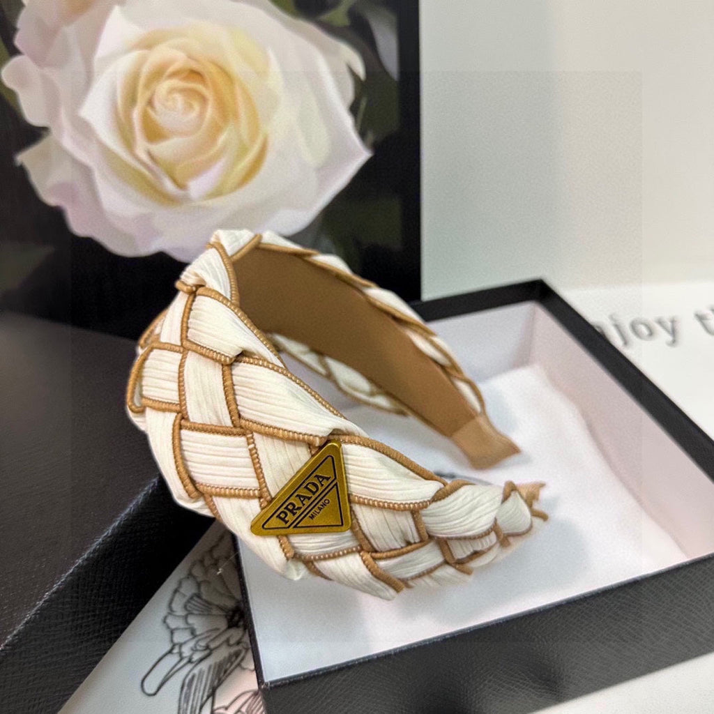 PRADA BRAIDED HEADBAND IN WHITE AND CIDER BROWN TRIM FABRIC 381460