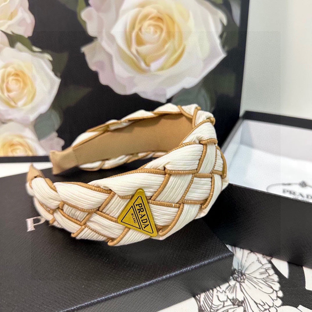 PRADA BRAIDED HEADBAND IN WHITE AND CIDER BROWN TRIM FABRIC 381460