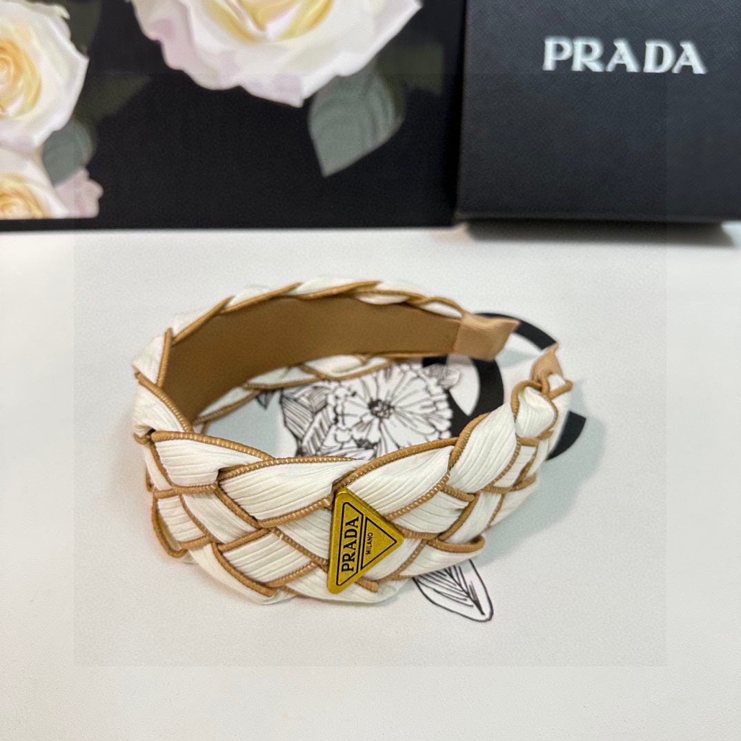 PRADA BRAIDED HEADBAND IN WHITE AND CIDER BROWN TRIM FABRIC 381460