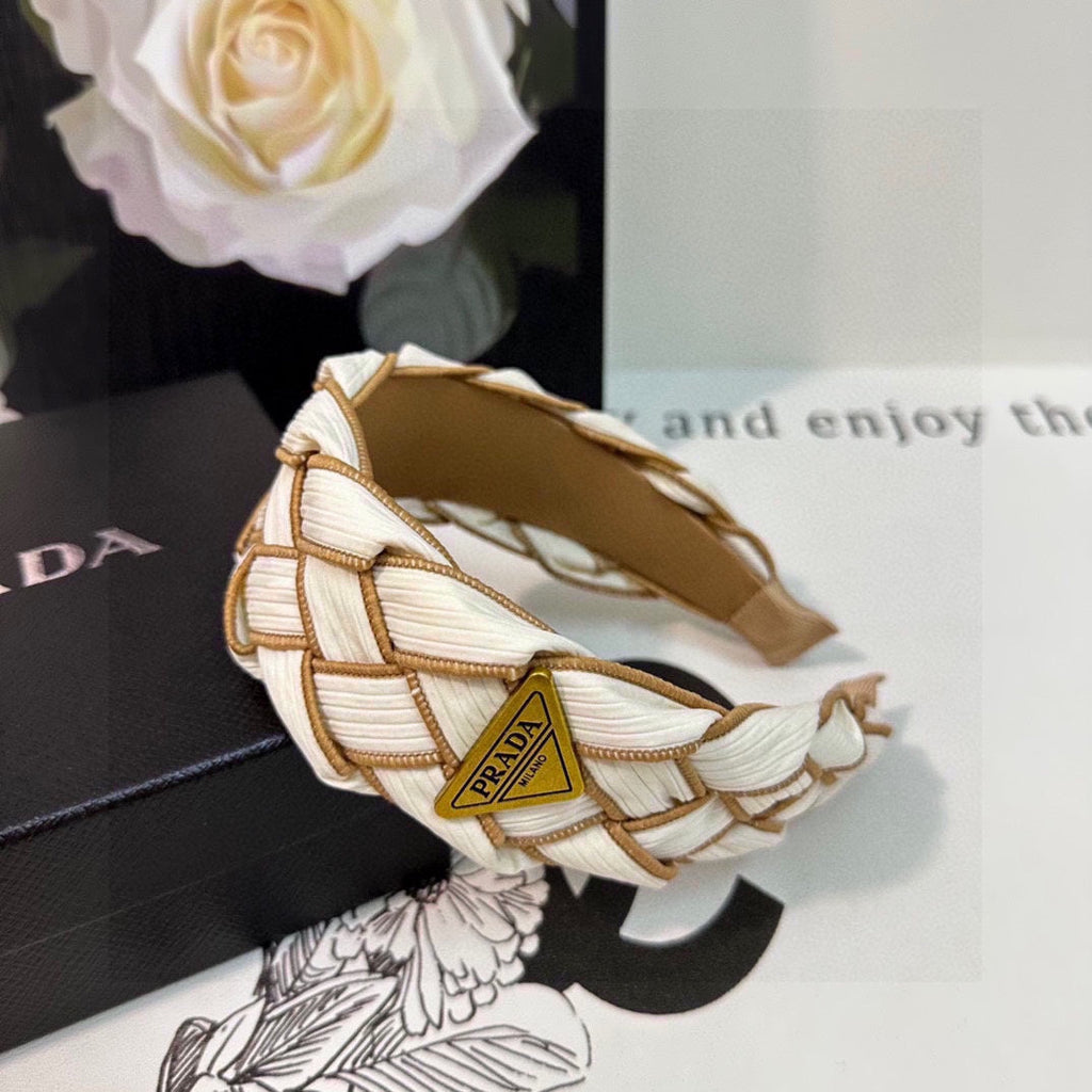 PRADA BRAIDED HEADBAND IN WHITE AND CIDER BROWN TRIM FABRIC 381460