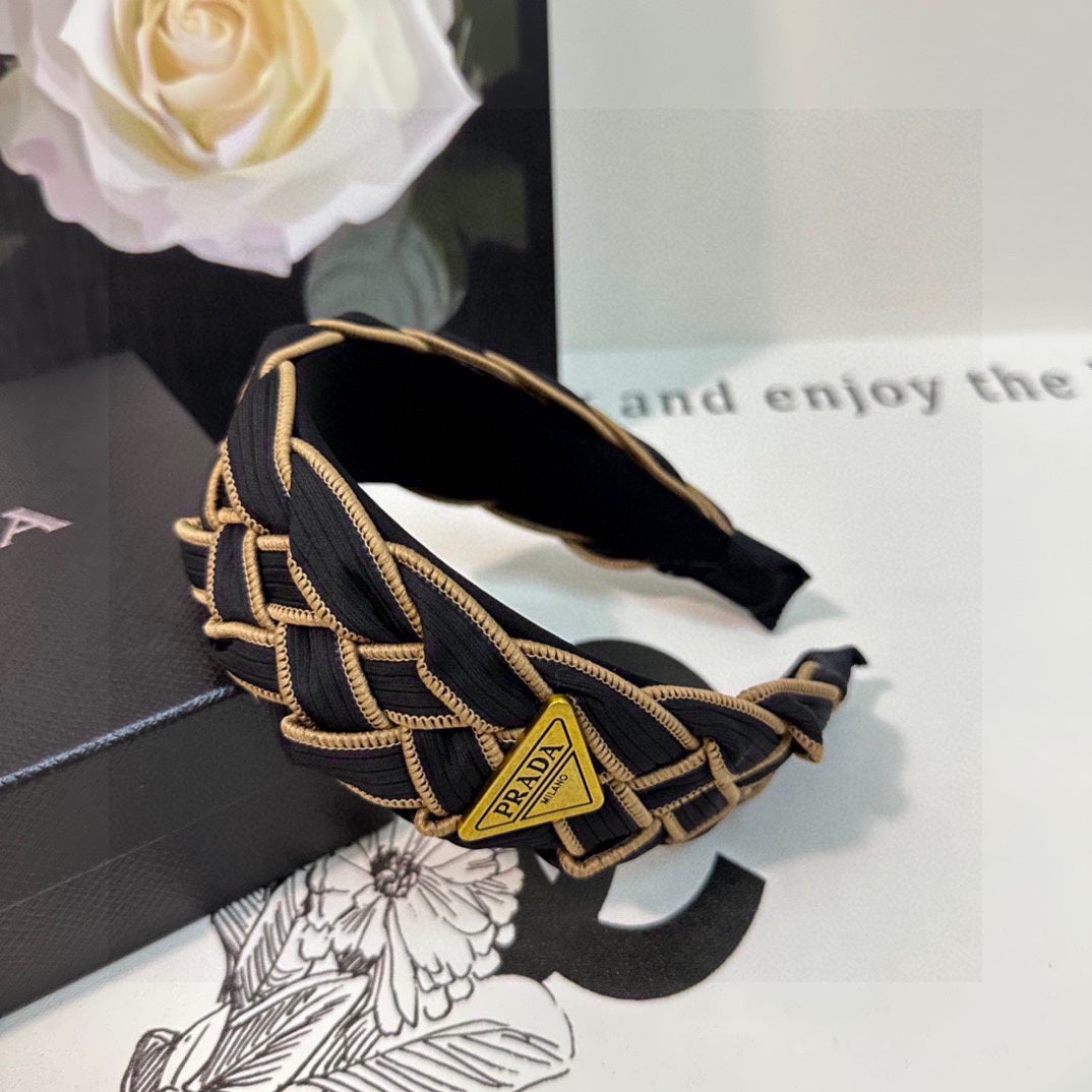 PRADA BRAIDED HEADBAND IN BLACK AND TORTILLA BROWN TRIM FABRIC 381461