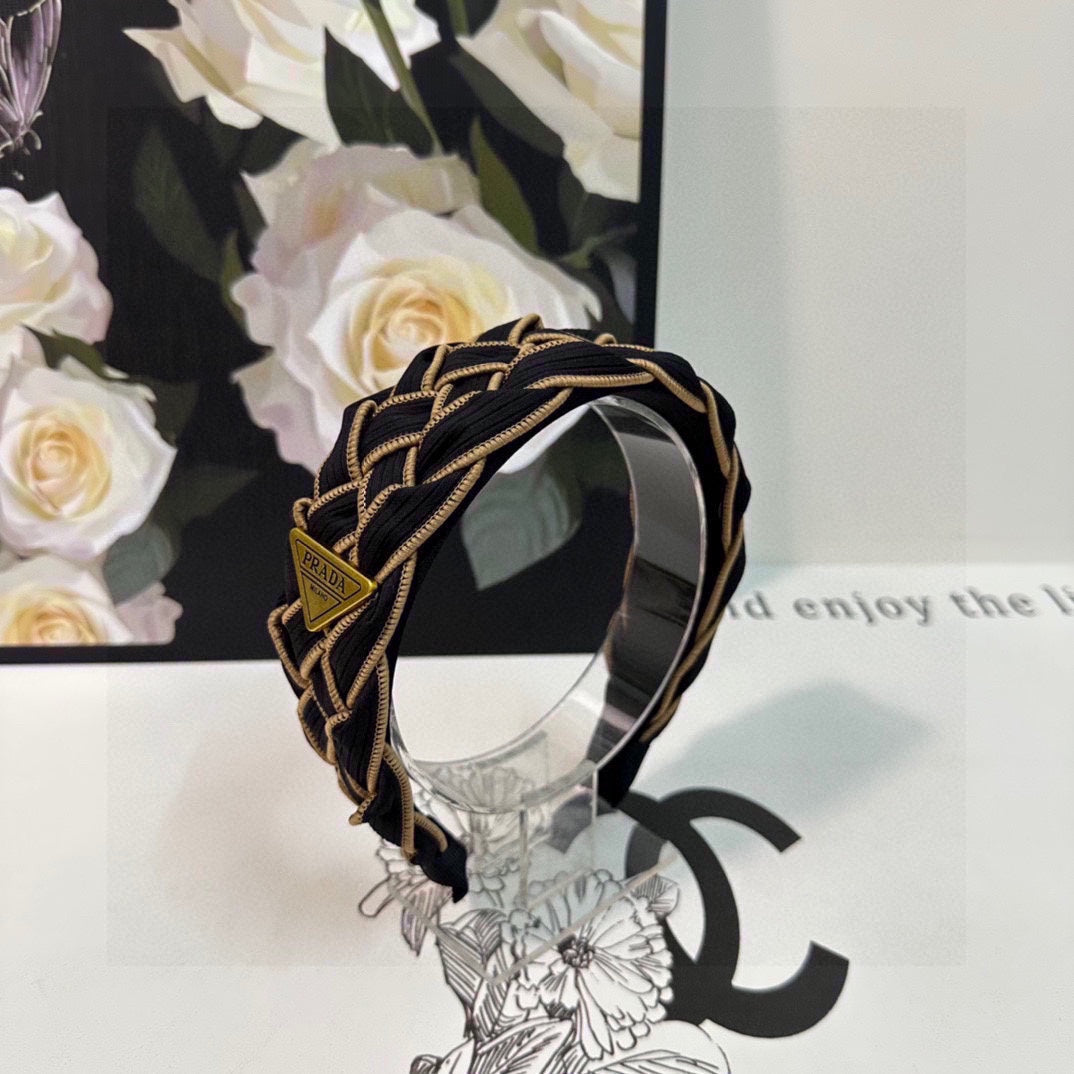 PRADA BRAIDED HEADBAND IN BLACK AND TORTILLA BROWN TRIM FABRIC 381461