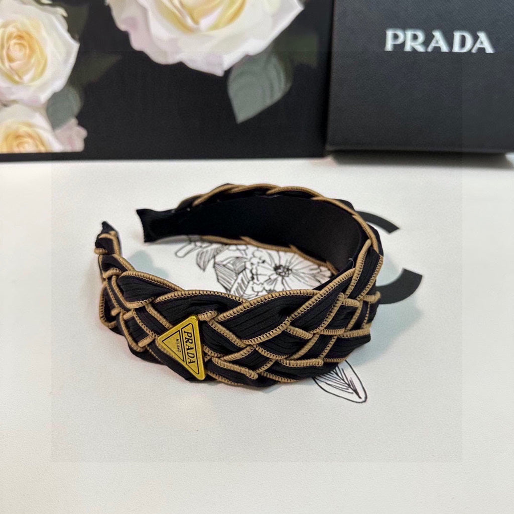 PRADA BRAIDED HEADBAND IN BLACK AND TORTILLA BROWN TRIM FABRIC 381461