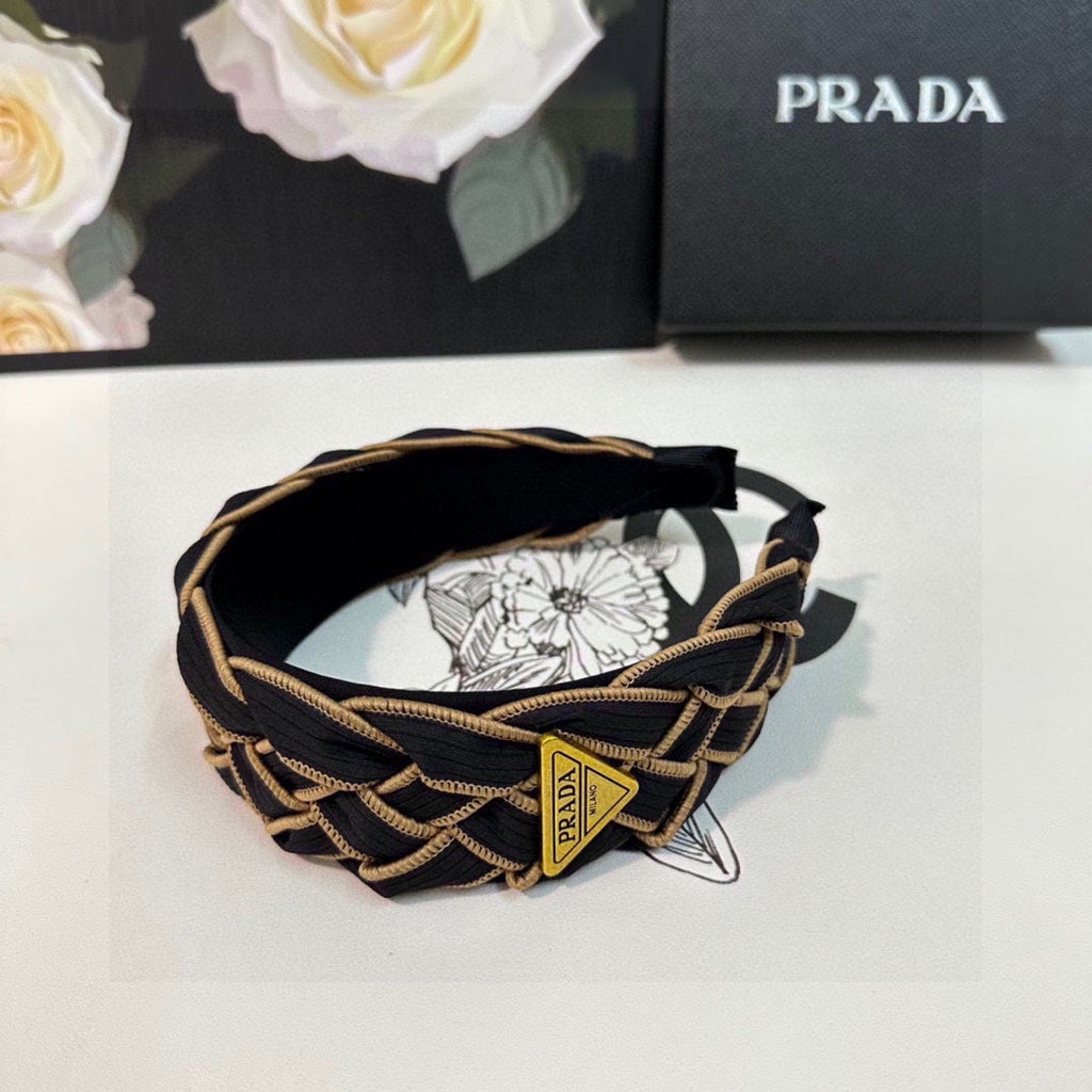 PRADA BRAIDED HEADBAND IN BLACK AND TORTILLA BROWN TRIM FABRIC 381461