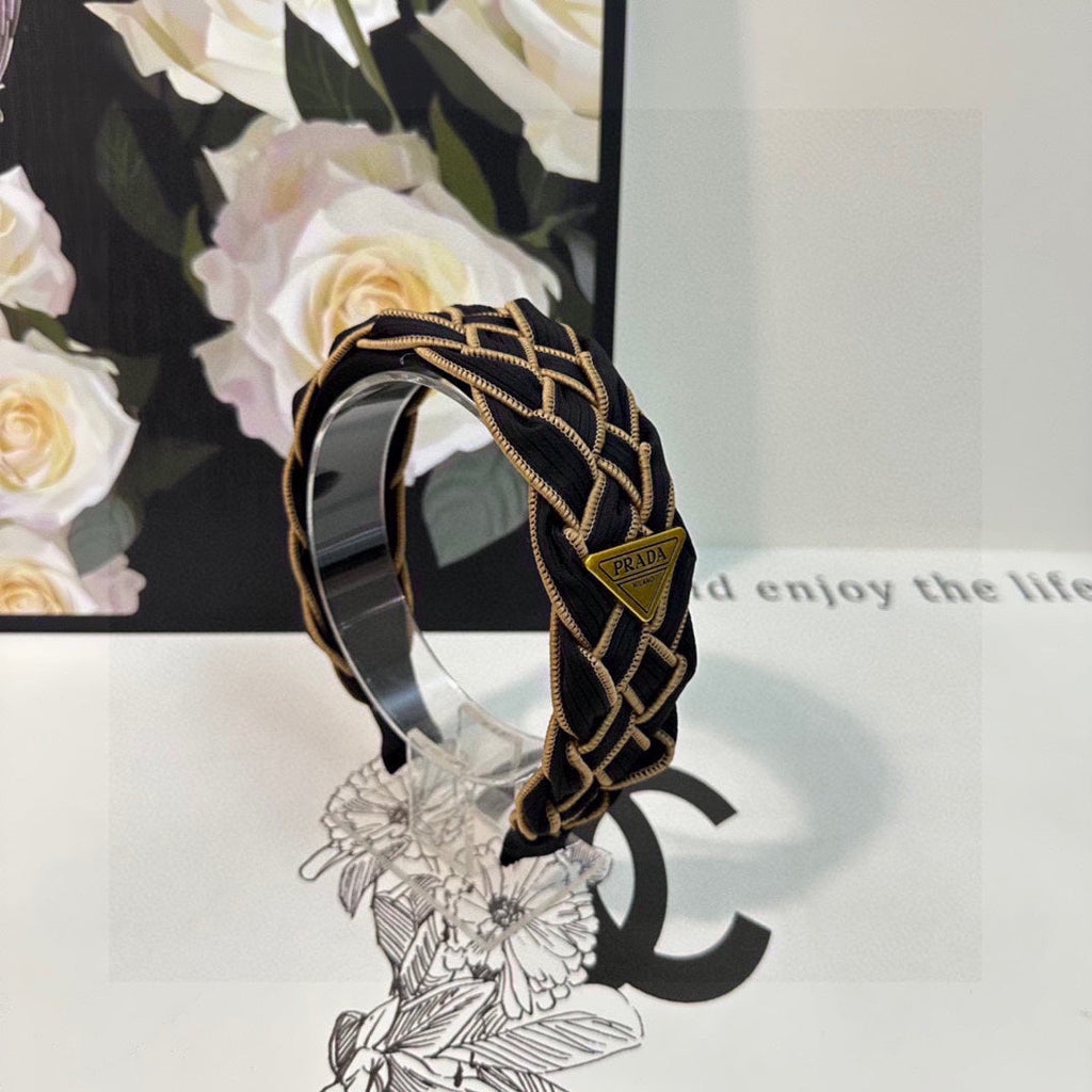 PRADA BRAIDED HEADBAND IN BLACK AND TORTILLA BROWN TRIM FABRIC 381461