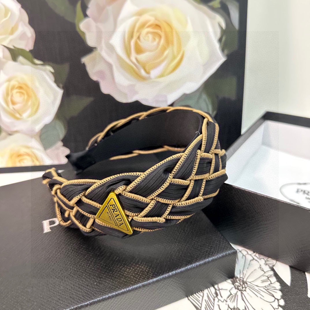 PRADA BRAIDED HEADBAND IN BLACK AND TORTILLA BROWN TRIM FABRIC 381461