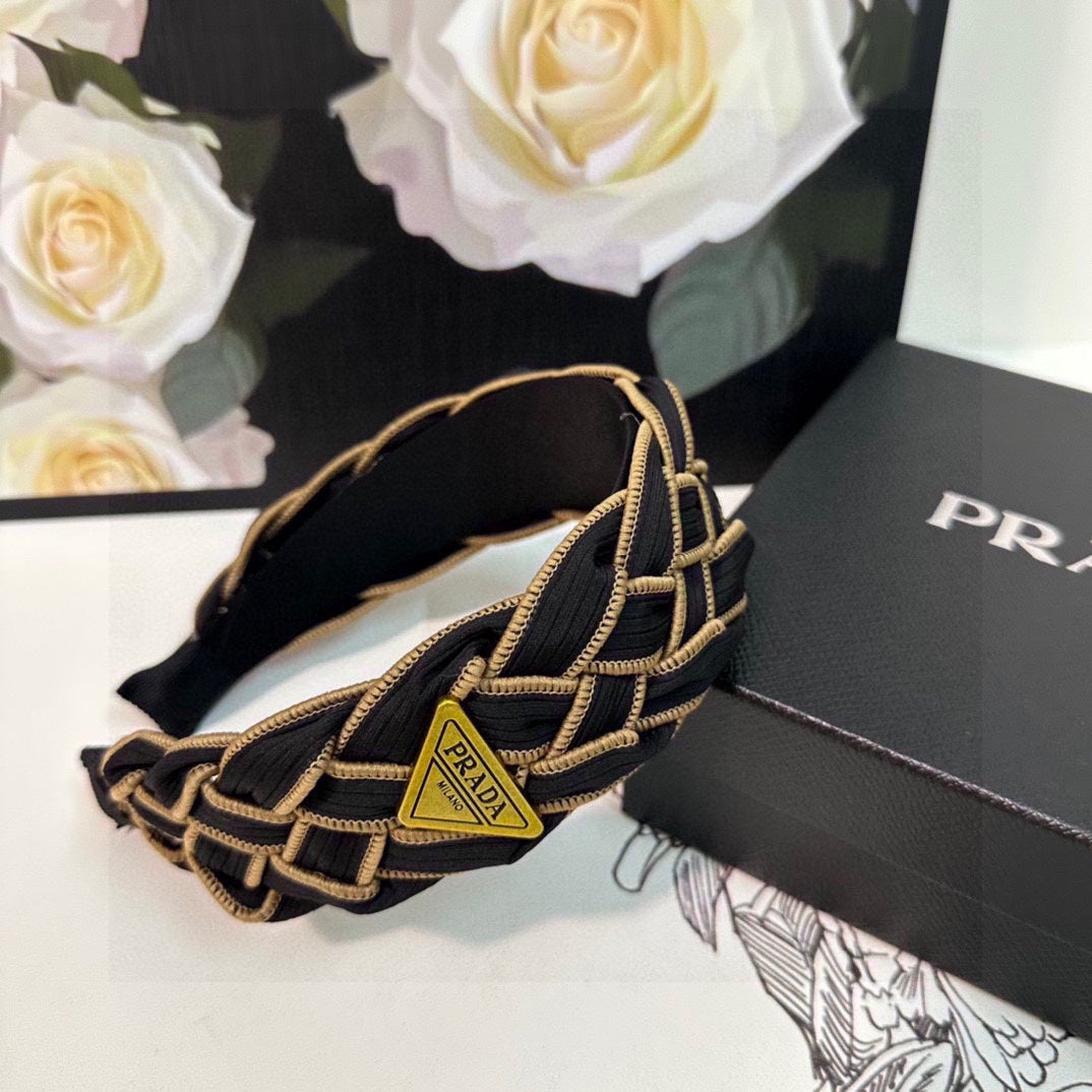 PRADA BRAIDED HEADBAND IN BLACK AND TORTILLA BROWN TRIM FABRIC 381461