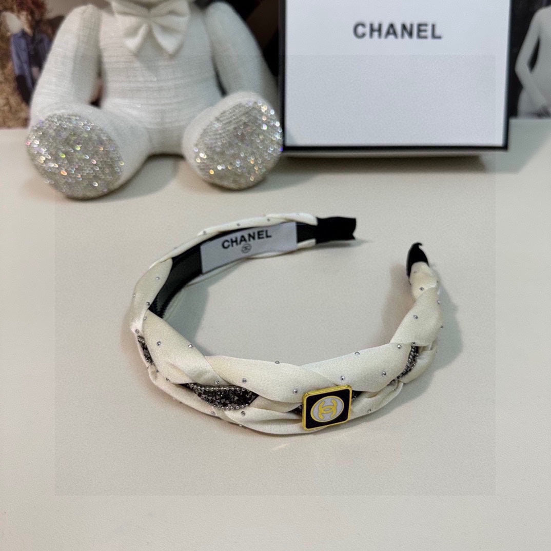 CHANEL WHITE FABRIC HAIRBAND WITH CRYSTAL 412474