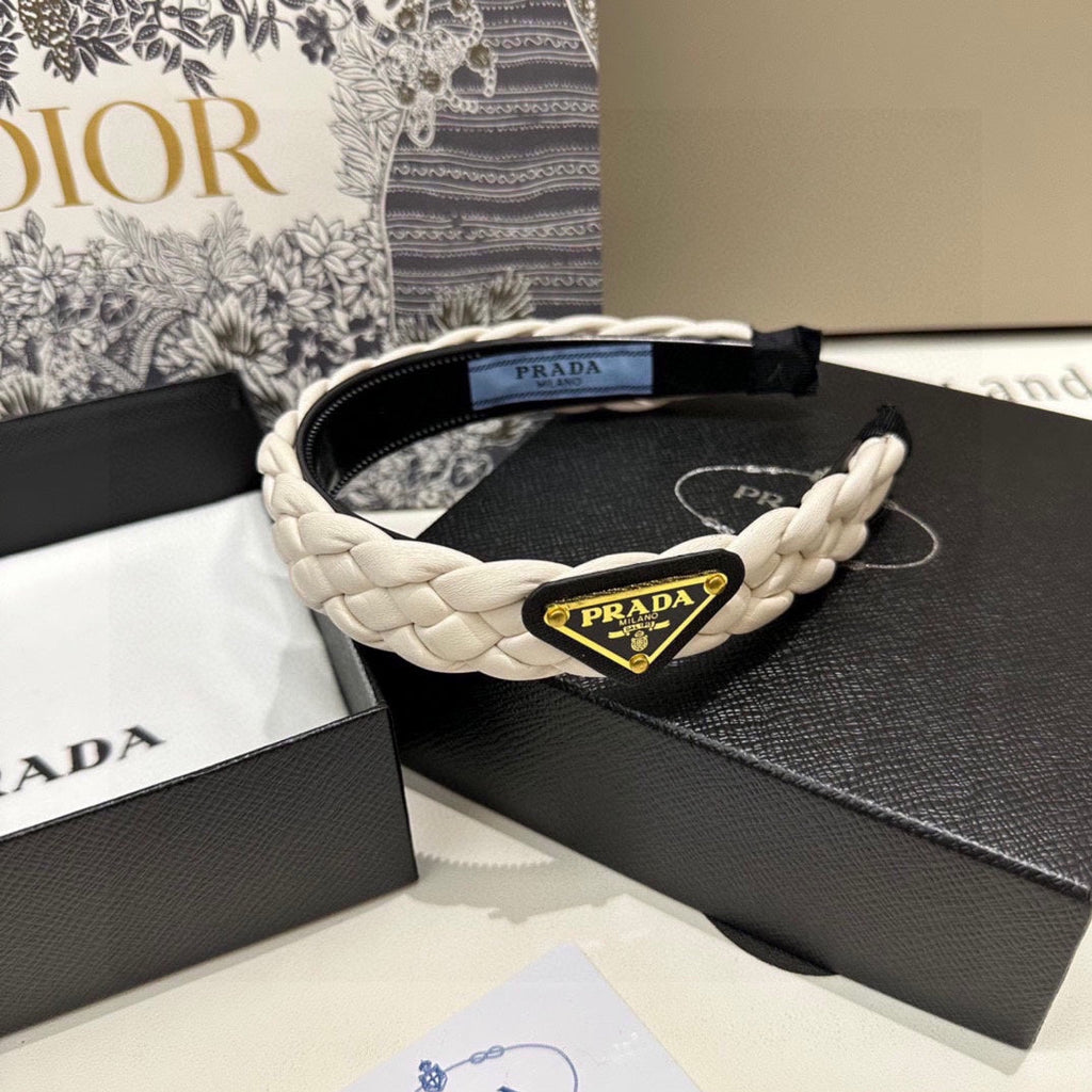 PRADA BRAIDED HAIRBAND IN WHITE SOFT LAMBSKIN 432845