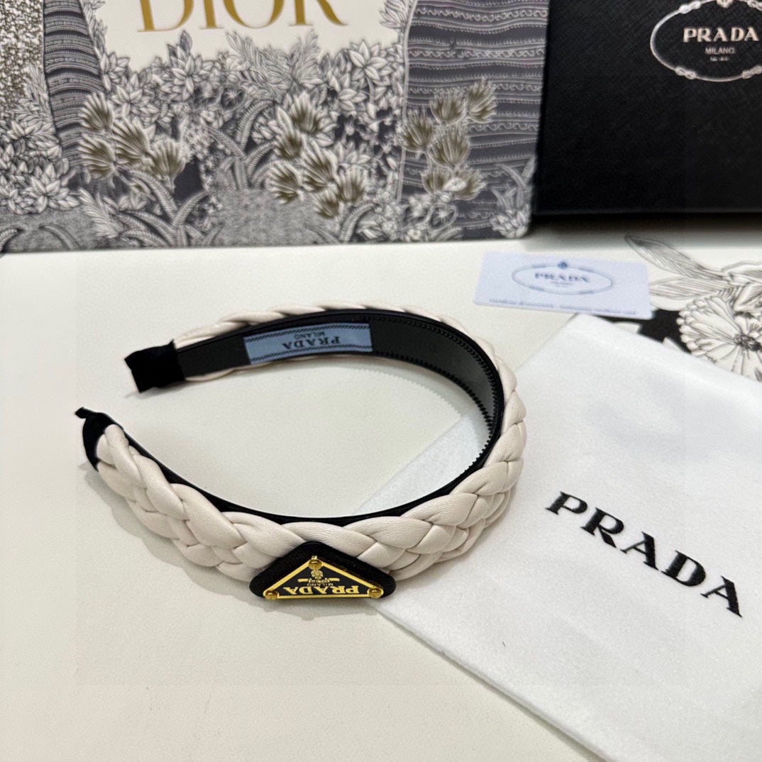 PRADA BRAIDED HAIRBAND IN WHITE SOFT LAMBSKIN 432845