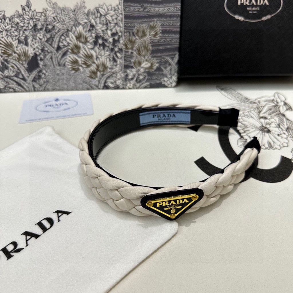PRADA BRAIDED HAIRBAND IN WHITE SOFT LAMBSKIN 432845