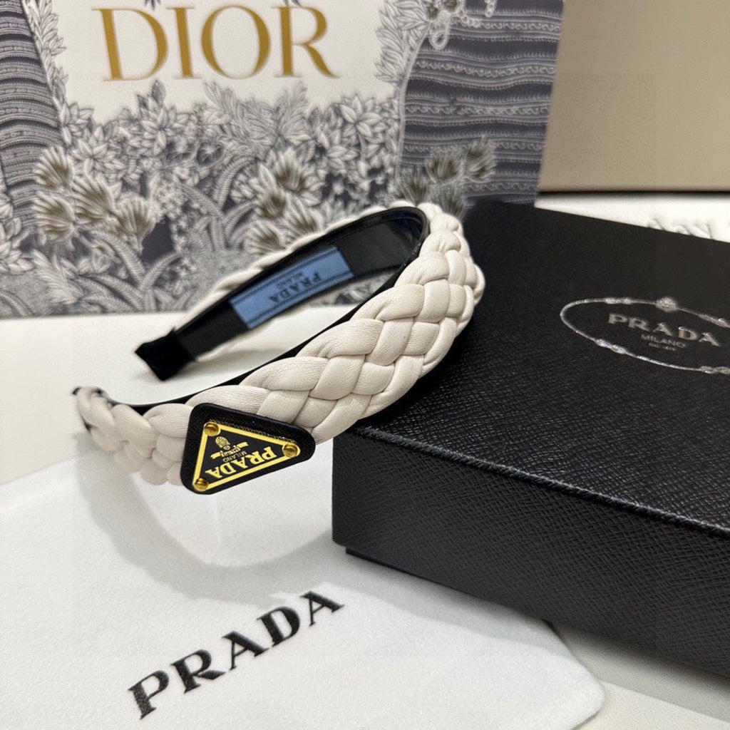 PRADA BRAIDED HAIRBAND IN WHITE SOFT LAMBSKIN 432845