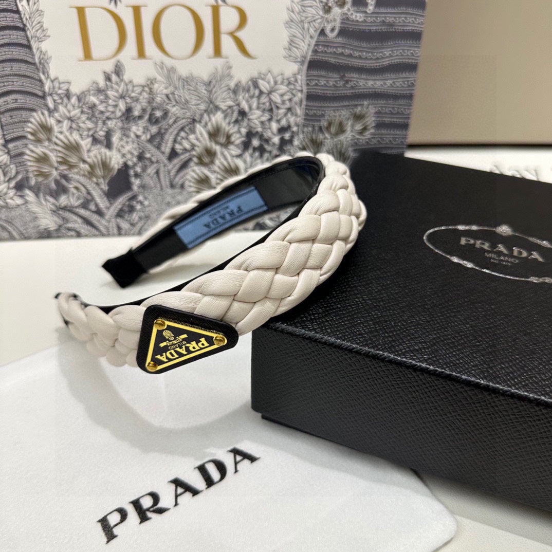 PRADA BRAIDED HAIRBAND IN WHITE SOFT LAMBSKIN 432845