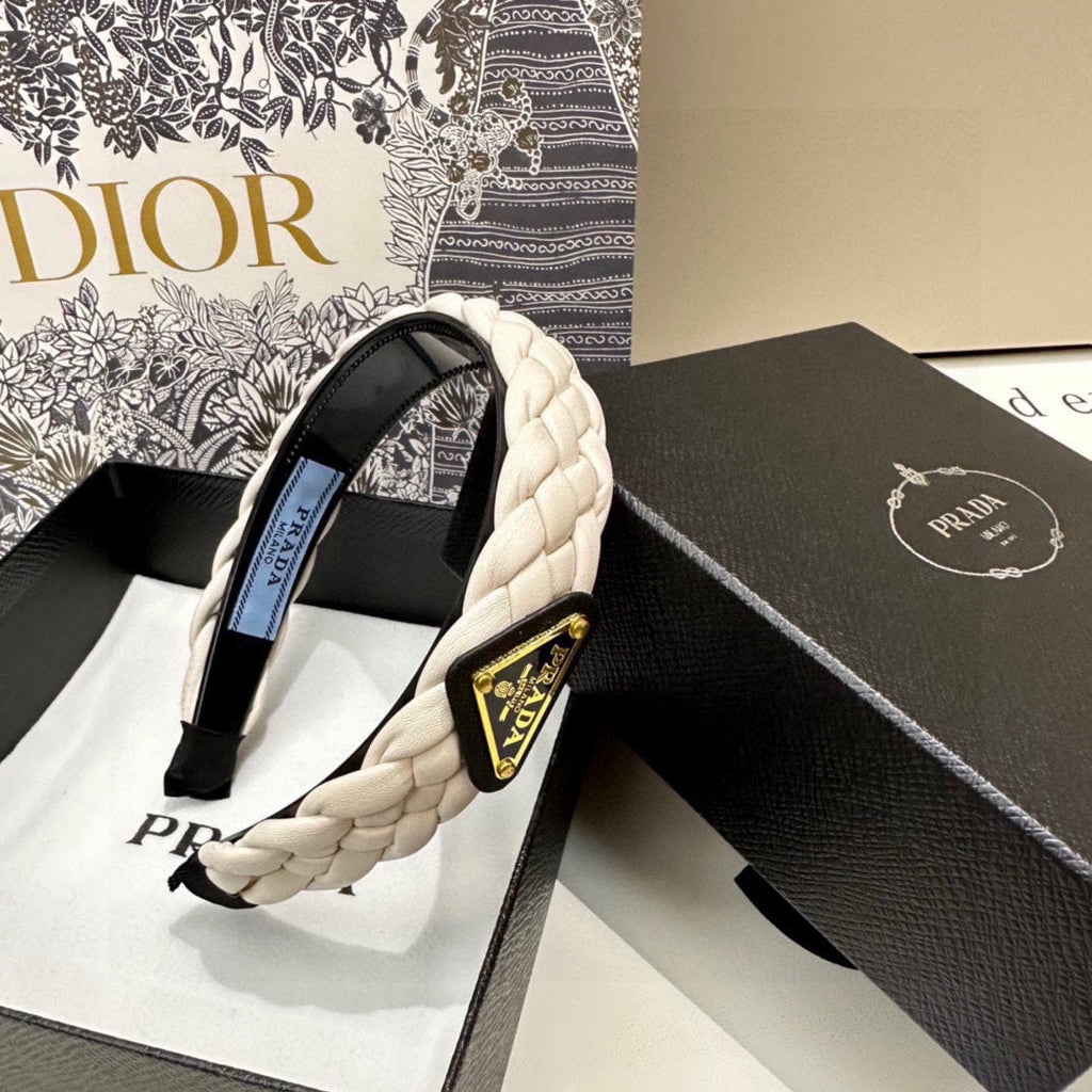 PRADA BRAIDED HAIRBAND IN WHITE SOFT LAMBSKIN 432845