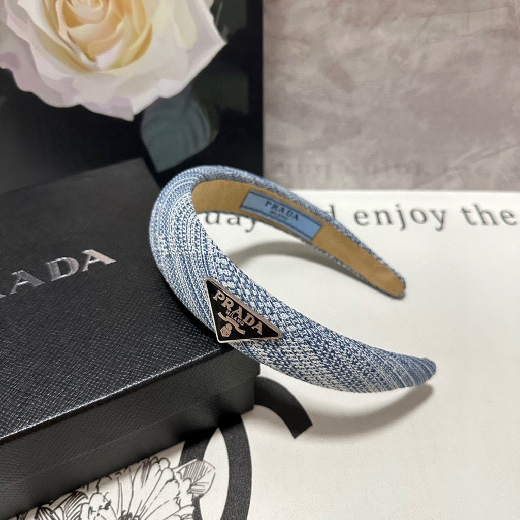 PRADA THICK HEADBAND IN BLUE MIX WHITE KNITTED FABRIC 432807