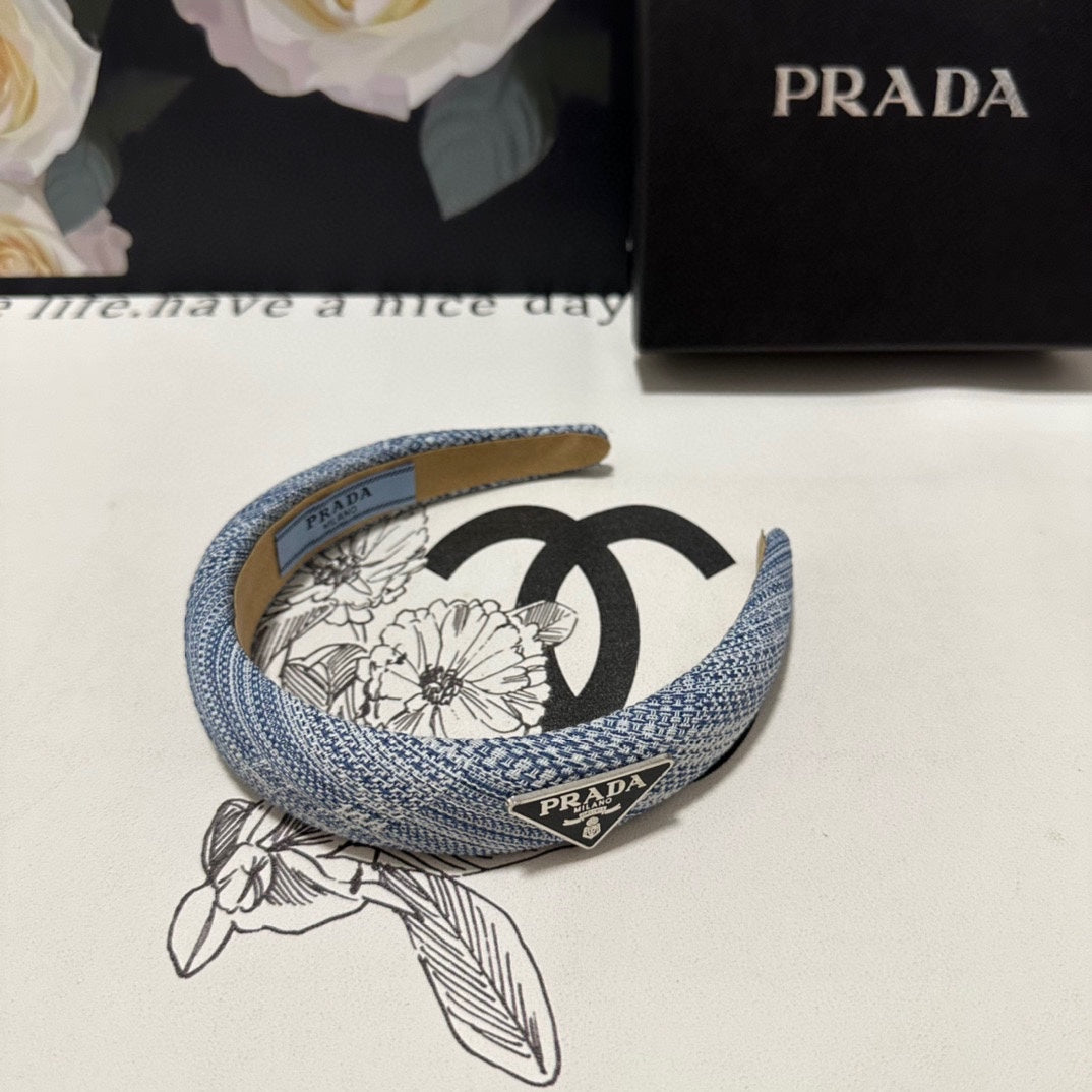 PRADA THICK HEADBAND IN BLUE MIX WHITE KNITTED FABRIC 432807