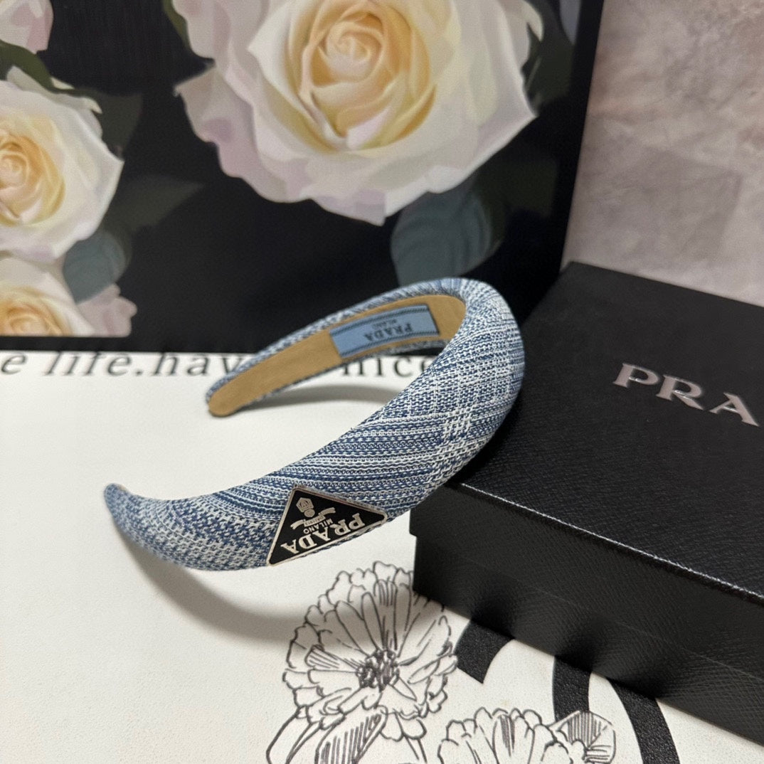 PRADA THICK HEADBAND IN BLUE MIX WHITE KNITTED FABRIC 432807