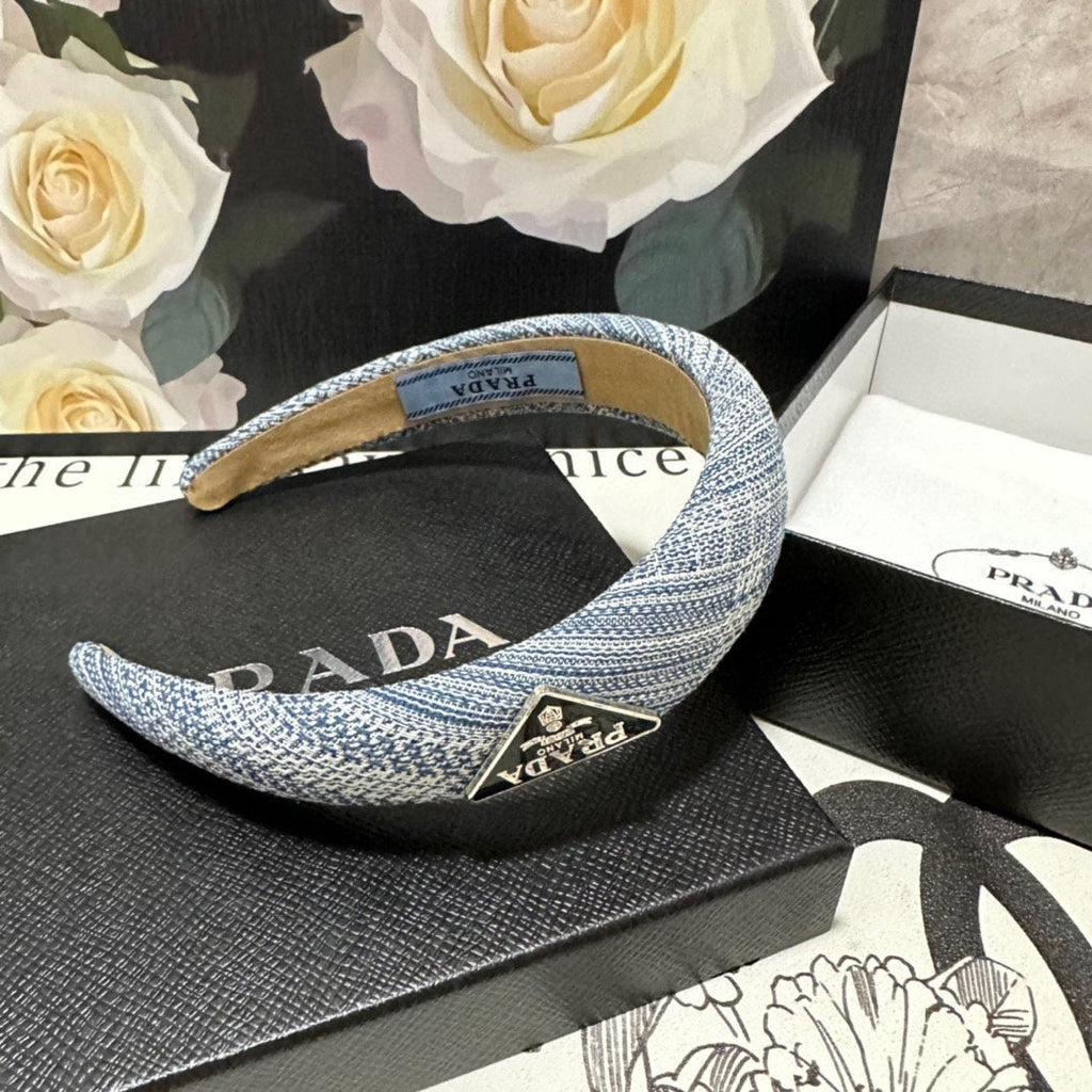 PRADA THICK HEADBAND IN BLUE MIX WHITE KNITTED FABRIC 432807