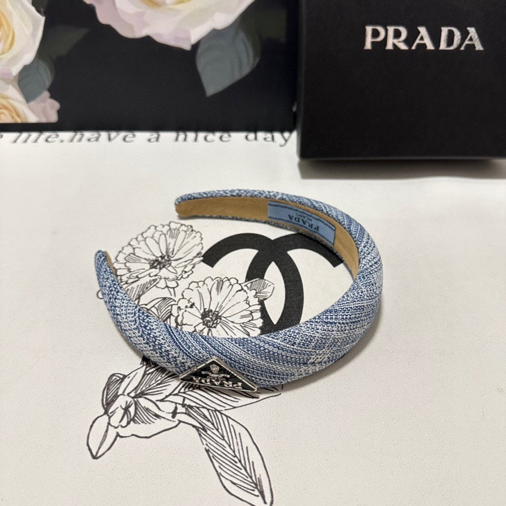 PRADA THICK HEADBAND IN BLUE MIX WHITE KNITTED FABRIC 432807